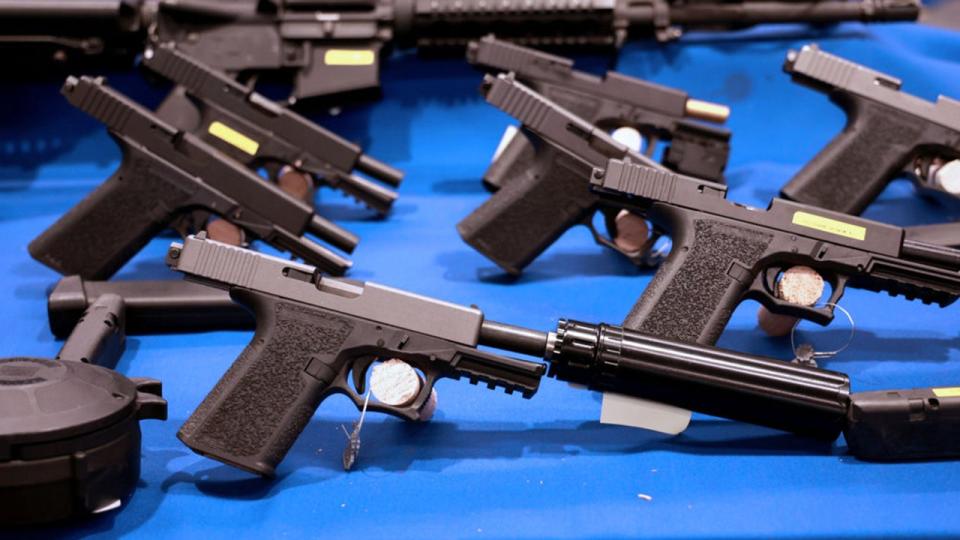 <div>FILE - Illegal and ghost guns are seen on display at the New York Attorney General Letitia James offices in downtown Manhattan.</div> <strong>(Luiz C. Ribeiro Archive/NY Daily News Archive via Getty Images)</strong>