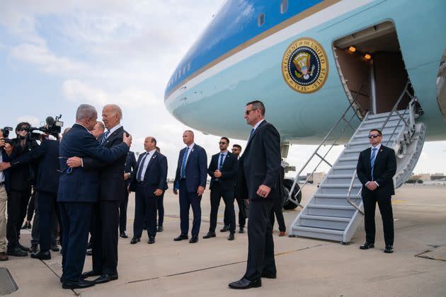 President Joe Biden is greeted by Israeli Prime Minister Benjamin Netanyahu after arriving in Tel Aviv on Oct. 18.