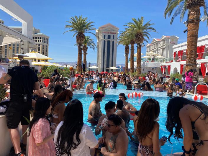Spots around the pool, the only free place to sit at Drai&#39;s Beach Club at The Cromwell hotel in Las Vegas filled up quickly on Saturday, April 2 when rapper DaBaby was the entertainment.