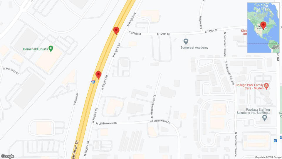 A detailed map that shows the affected road due to 'Broken down vehicle on eastbound I-35 in Olathe' on July 15th at 3:15 p.m.