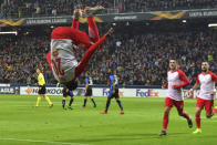 Salzburg's Patson Daka celebrates after scoring during the Europa League round of 32 second leg soccer match between FC Salzburg and Club Brugge at the Arena in Salzburg, Austria, Thursday, Feb. 21, 2019. (AP Photo/Kerstin Joensson)