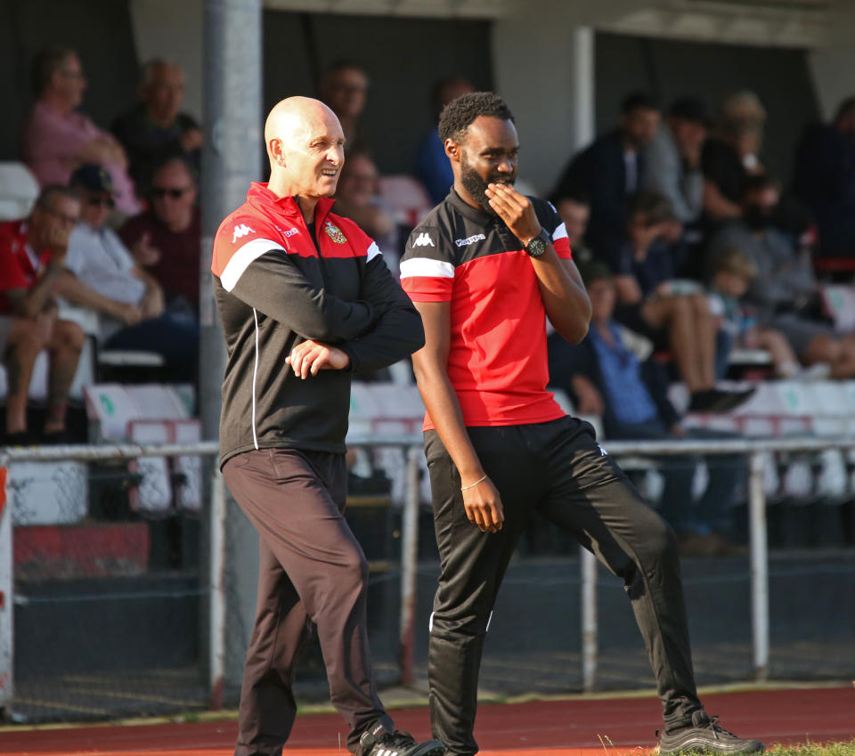 Mark Stimson (left) is looking to continue an incredible FA Trophy record by leading eighth-tier Hornchurch to Wembley