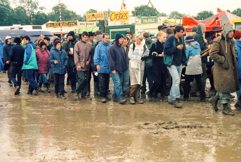 Fields of mud at the Glastonbury Festival 1997, Worthy Farm Someset, England, United Kingdom.