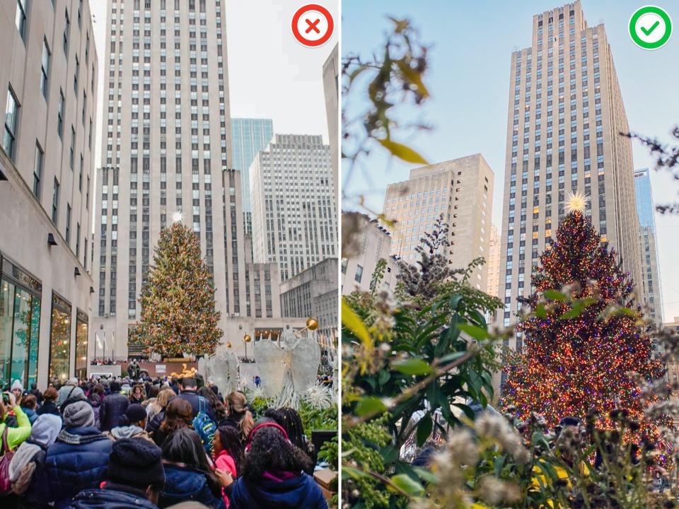 The author photographs the Christmas tree at Rockefeller Center in NYC in 2019, left, and 2021, right.