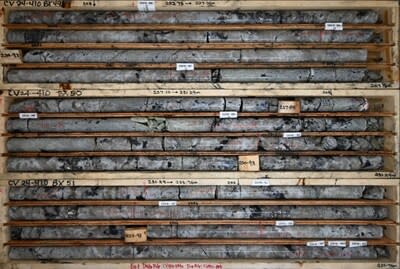 Figure 4: Spodumene pegmatite in CV24-410. Core grades 5.24% Li2O over 2.2 m (226.5 m to 228.7 m). (CNW Group/Patriot Battery Metals Inc.)