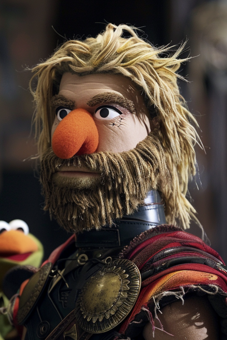 A Muppet character resembling a warrior with armor, alongside Kermit the Frog