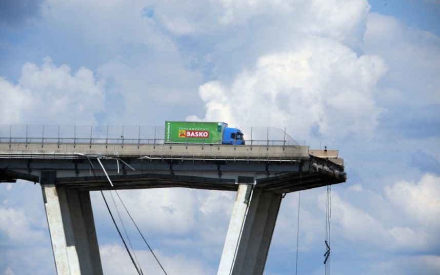 Following the collapse of the Morandi bridge in Genoa, left, a French survey has warned the country's bridges are also vulnerable - 2018 Laura Lezza