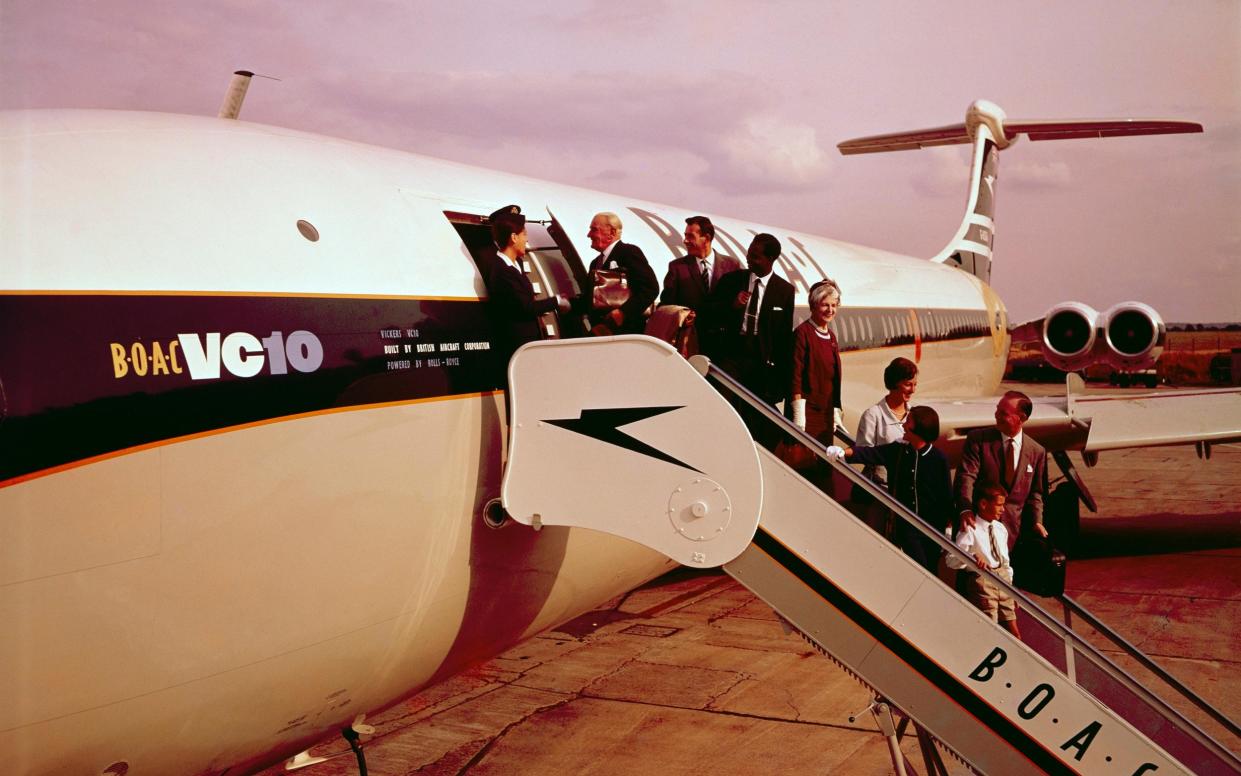 The first flight of a BOAC Super VC10 airliner from London to New York in 1965