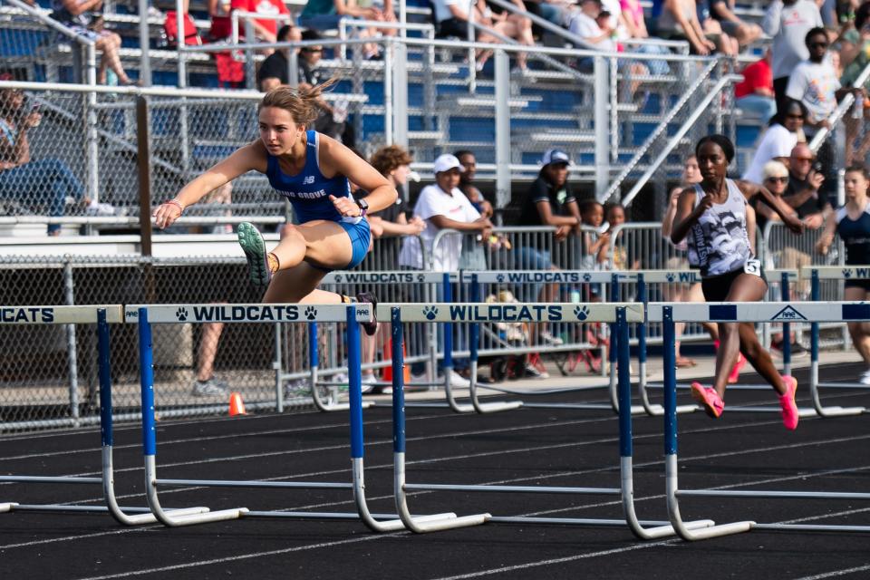 Spring Grove sophomore Ella Bahn builds a large lead on her way to a gold medal (14.47) in the 100-meter hurdles during the YAIAA Track and Field Championships at Dallastown Area High School on May 8, 2024.
