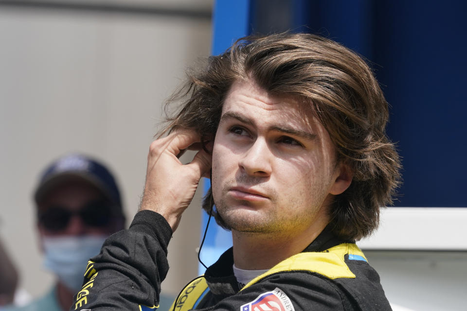 Colton Herta looks at his qualifying speed during qualifications for the Indianapolis 500 auto race at Indianapolis Motor Speedway, Sunday, May 23, 2021, in Indianapolis. (AP Photo/Darron Cummings)