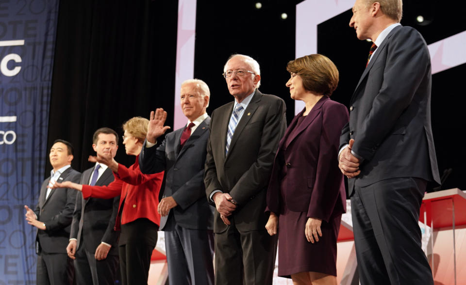 The seven Democratic candidates who participated in the sixth 2020 U.S. Democratic presidential debate at Loyola Marymount University in Los Angeles on Dec. 19, 2019. (Photo: Kyle Grillot / Reuters)