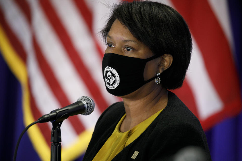 District of Columbia Mayor Muriel Bowser speaks during an announcement that District of Columbia public schools will be all virtual through Nov. 6, during a news conference, Thursday, July 30, 2020, in Washington. (AP Photo/Jacquelyn Martin)