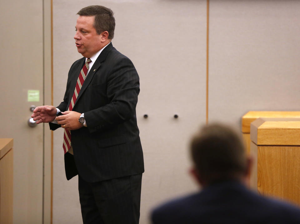 Defense attorney Miles Brissette gives a closing argument in the trial of former Balch Springs police officer Roy Oliver, who is charged with the murder of 15-year-old Jordan Edwards, at the Frank Crowley Courts Building in Dallas on Monday, Aug. 27, 2018. (Rose Baca/The Dallas Morning News via AP, Pool)