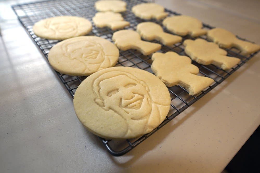 Sugar cookies with the likeness of President Obama are displayed as part of Julie Muller’s cookie decorating kits which she sell on Etsy, Tuesday, Sept. 22, 2020, in Houston. (AP Photo/David J. Phillip)