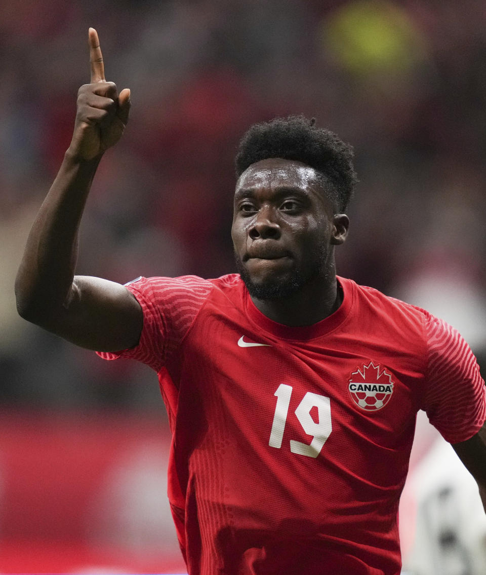 Canada's Alphonso Davies celebrates his penalty-kick goal against Curacao during the first half of a CONCACAF Nations League soccer match Thursday, June 9. 2022, in Vancouver, British Columbia. (Darryl Dyck/The Canadian Press via AP)