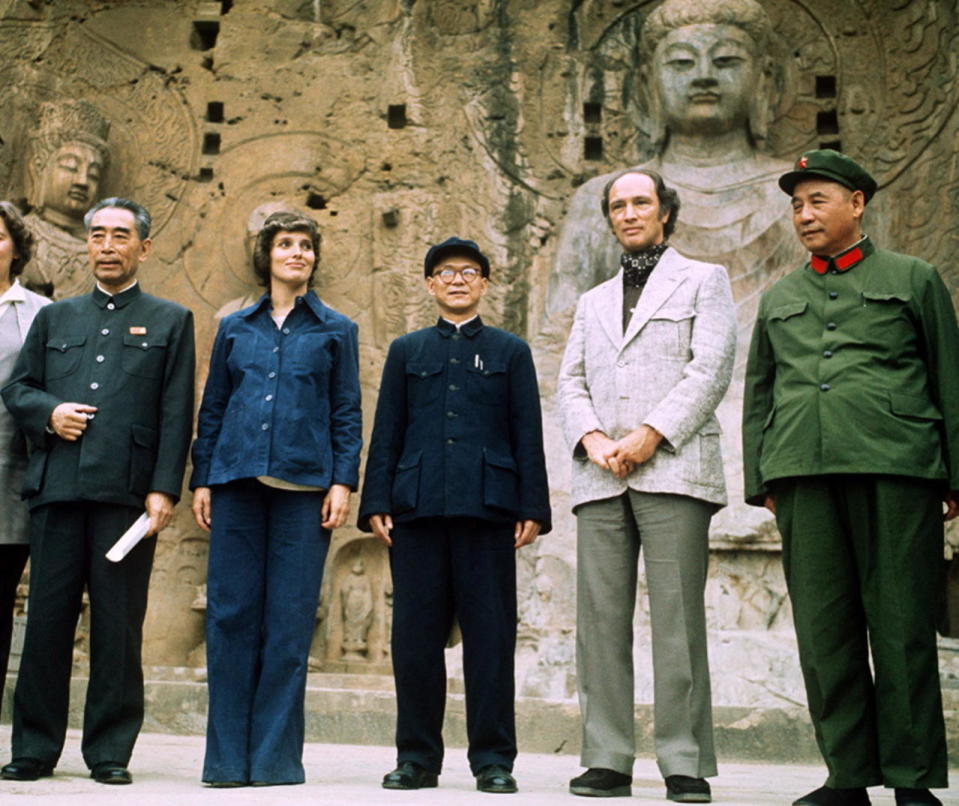 Zhou Enlai, Margaret Trudeau and Pierre Trudeau visit the Longmen Grottoes in Louyang, China, on Oct. 14, 1973. The Longmen Grottoes (Dragon’s Gate Grottoes) or Longmen Caves are one of the finest examples of Chinese Buddhist art. THE CANADIAN PRESS/PETER BREGG