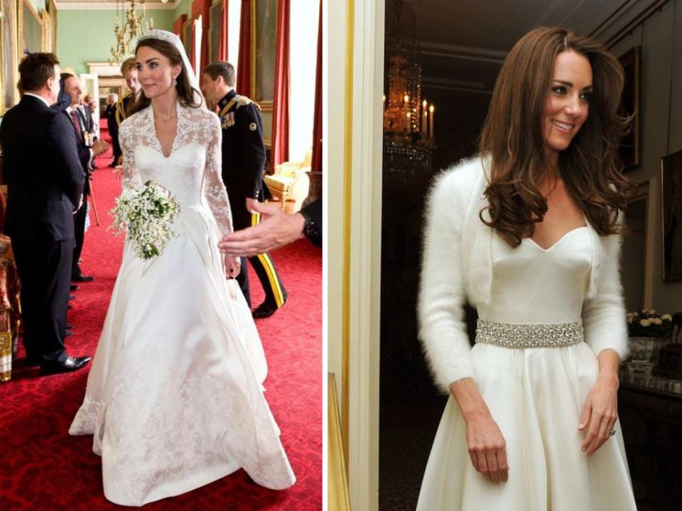 The Duchess of Cambridge's two wedding looks. (Photo: William West/AP Photo; JOHN STILLWELL/AFP via Getty Images)