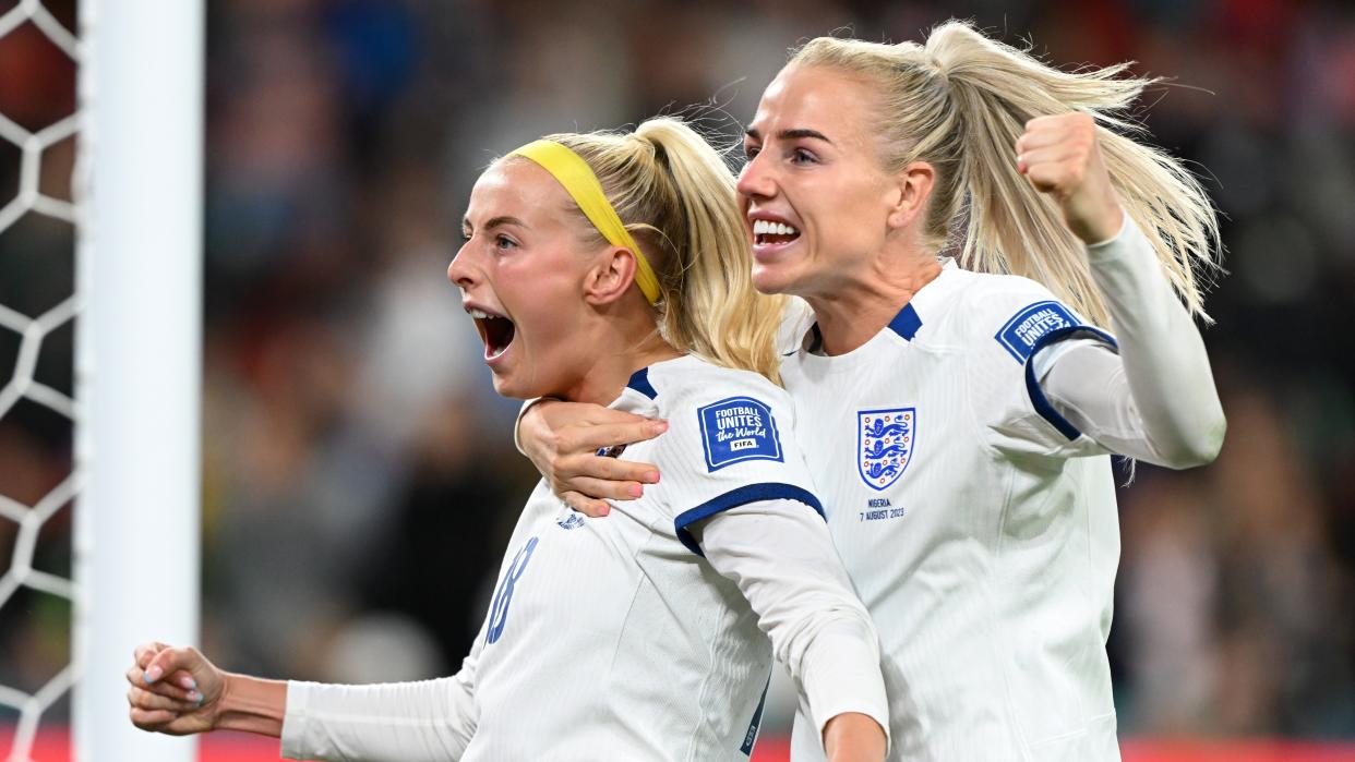  Chloe Kelly (L) of England celebrates with teammate Alex Greenwood (R) after scoring in the quarter-final of the Women's World Cup 2023 to set up the Australia vs England live stream.  