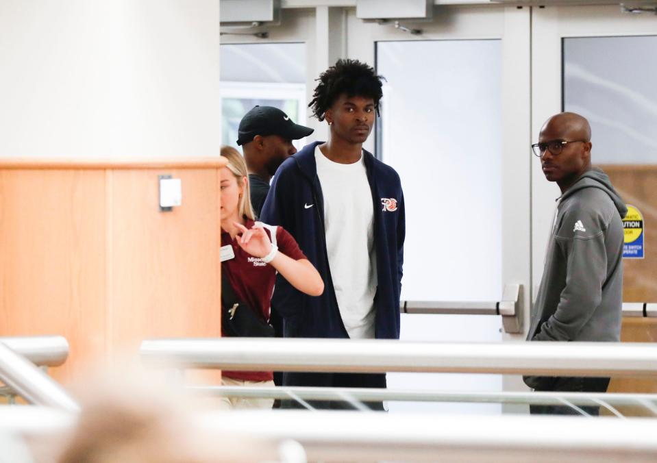 South Plains College transfer Jalen Hampton walks through Missouri State's Plaster Student Union during his visit to the university on May 3, 2024.