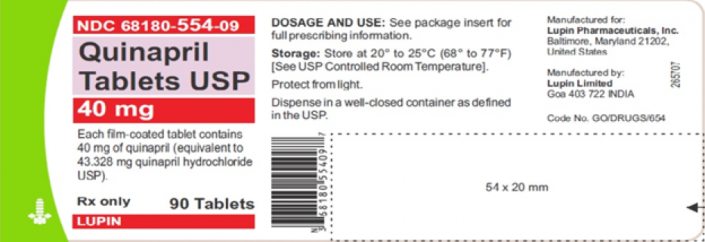 Lupin is recalling its 40 mg Quinapril tablets sold in 90 count bottles.