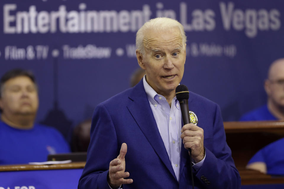 Democratic presidential candidate, former Vice President Joe Biden speaks during a campaign stop at the International Alliance of Theatrical Stage Employees, Friday, Feb. 21, 2020, in Las Vegas. (AP Photo/Matt York)