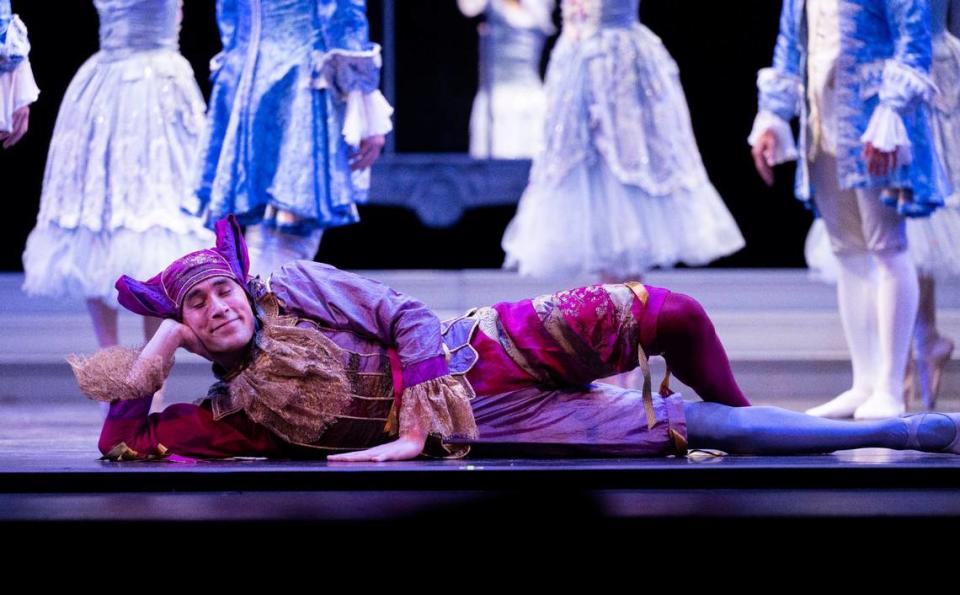 Wyatt McConville-McCoy plays a jester in Sacramento Ballet’s dress rehearsal of Cinderella on Thursday, Feb. 15, 2024, at the SAFE Credit Union Performing Arts Center. Lezlie Sterling/lsterling@sacbee.com