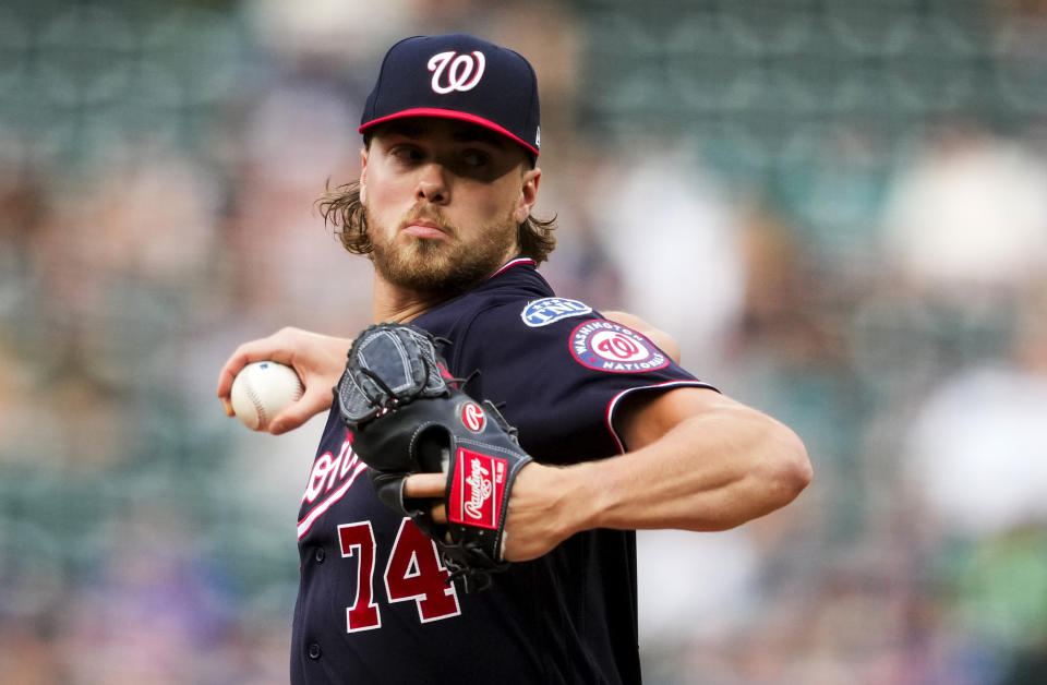 Washington Nationals starting pitcher Jake Irvin throws to a Seattle Mariners batter during the second inning of a baseball game Tuesday, June 27, 2023, in Seattle. (AP Photo/Lindsey Wasson)