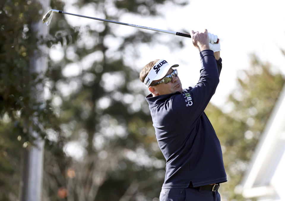 Brandt Jobe hits on the tenth hole during the second round of Dominion Energy Charity Classic golf tournament at The Country Club of Virginia in Richmond, Va., Saturday, Oct. 17, 2020. (Daniel Sangjib Min/Richmond Times-Dispatch via AP)