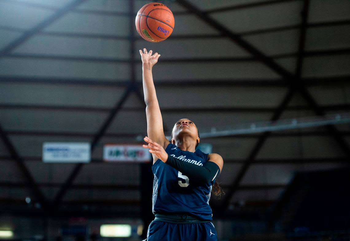 Bellarmine Prep guard Kiara Stone (5) shoots a layup during an opening round game against Davis at the WIAA state basketball tournament in the Tacoma Dome in Tacoma, Washington, on Wednesday, March 1, 2023.