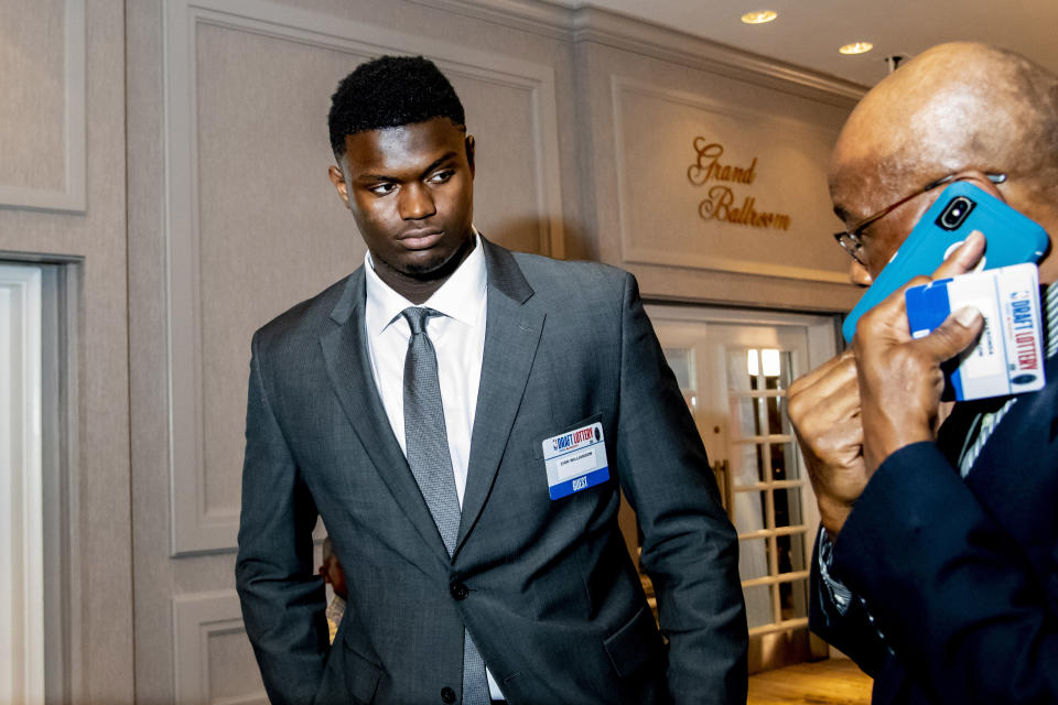 Duke forward Zion Williamson is seen prior to the 2019 NBA Draft Lottery at the Hilton Chicago. (Photo credit: USAT)