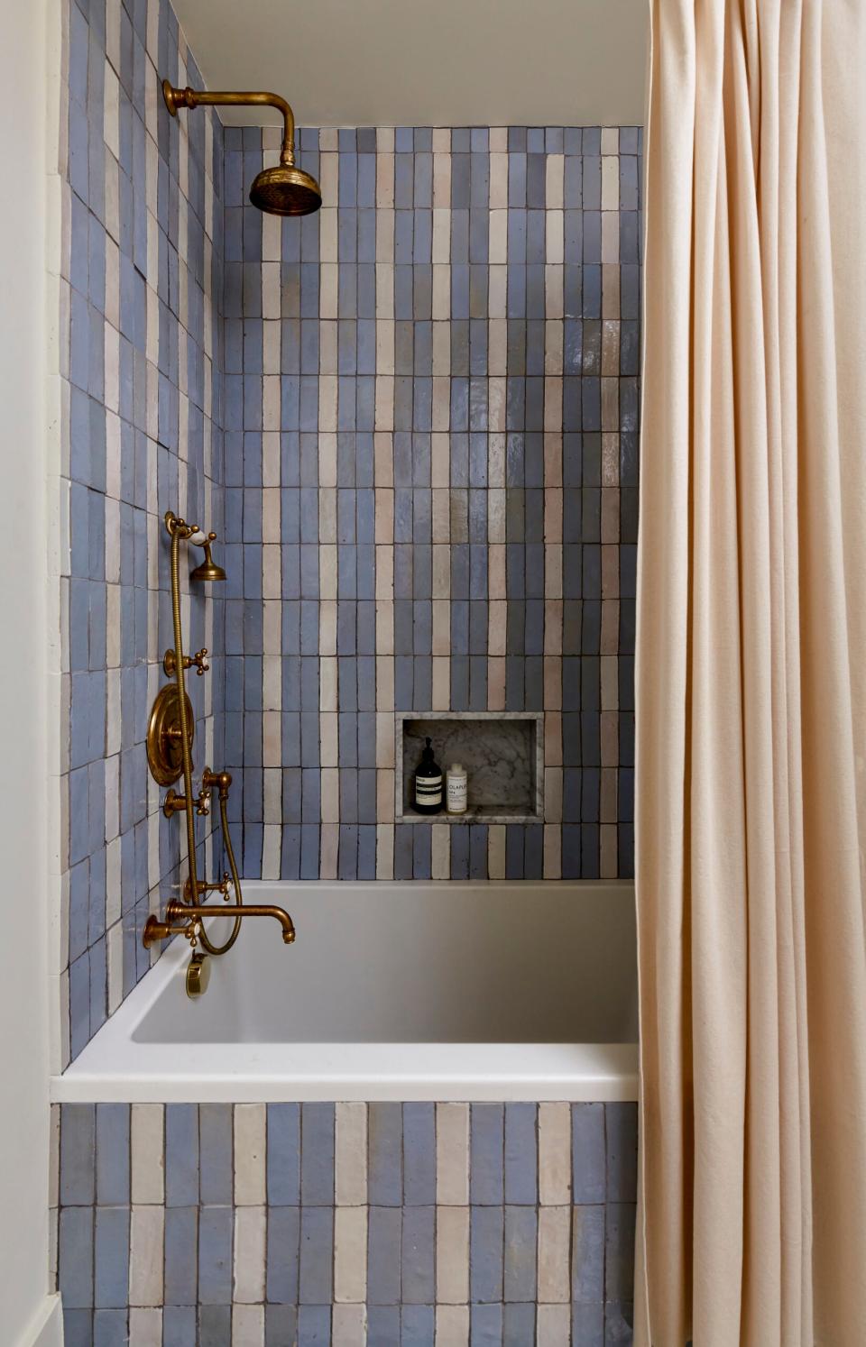 blue stripe zellige shower tile