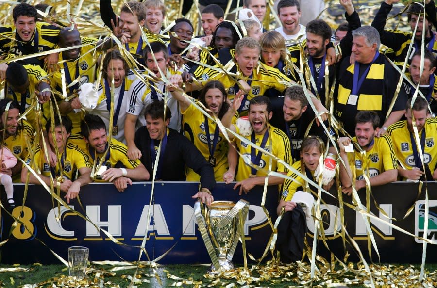 CARSON, CA – NOVEMBER 23: The Columbus Crew pose for a photo behind the Philip F. Anschutz Trophy after defeating the New York Red Bulls 3-1 in the 2008 MLS Cup match at The Home Depot Center on November 23, 2008 in Carson, California. (Photo by Victor Decolongon/Getty Images)