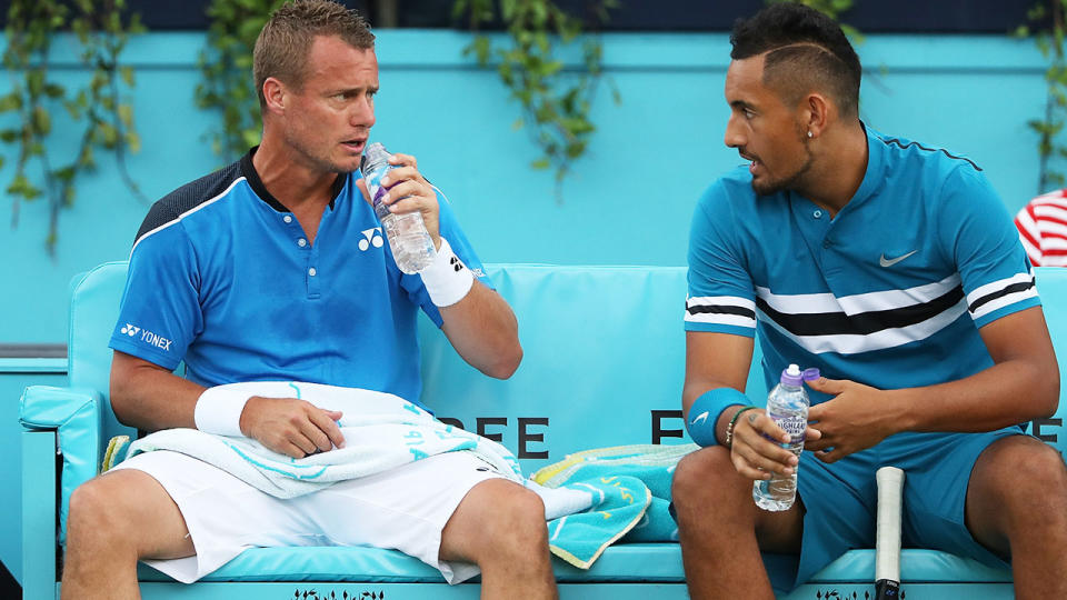 Nick Kyrgios and Lleyton Hewitt in action at the Fever-Tree Championships at Queens Club in 2018.  (Photo by Matthew Stockman/Getty Images)