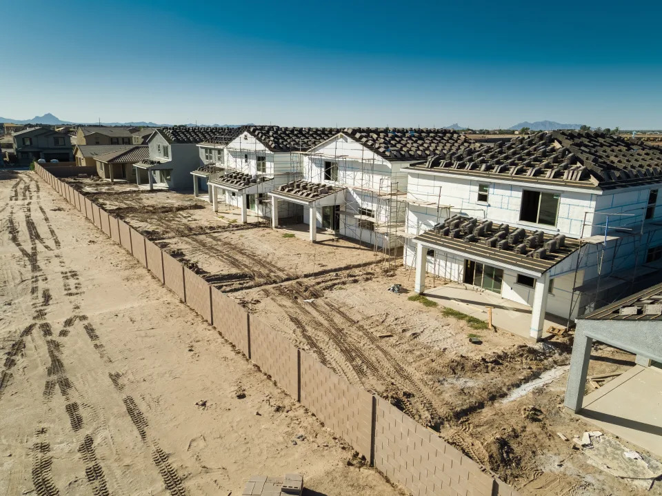 Aerial shot of suburban homes under construction in Marana, Arizona.