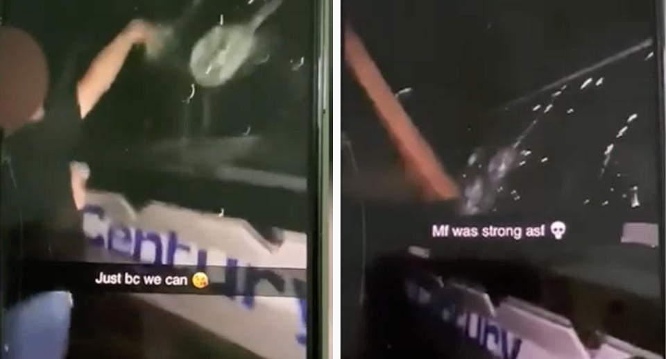 The vandals filmed themselves smashing the windscreen and side window of the $2.4 million crane at Century Cranes in Portsmith. Source: The Courier Mail