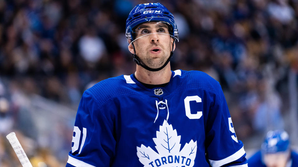 TORONTO, ON - OCTOBER 15: Toronto Maple Leafs center John Tavares #91 looks on against the Minnesota Wild during the second period at the Scotiabank Arena on October 15, 2019 in Toronto, Ontario, Canada. (Photo by Kevin Sousa/NHLI via Getty Images) 