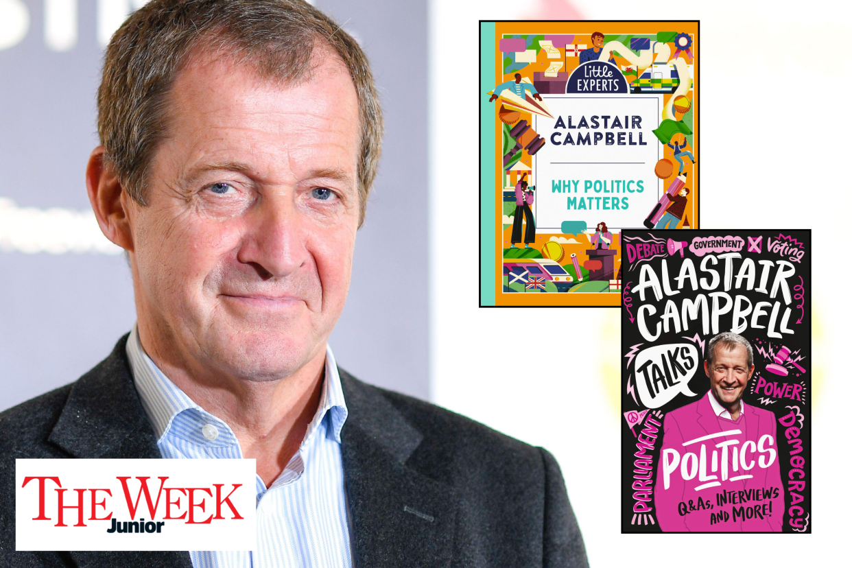  Alastair Campbell featured alongside book covers of his two politics books aimed at children. 