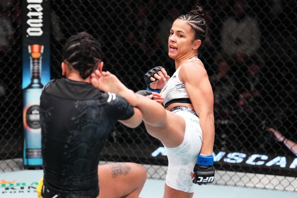 LAS VEGAS, NEVADA – FEBRUARY 03: (R-L) Natalia Silva of Brazil kicks Viviane Araujo of Brazil in a flyweight fight during the UFC Fight Night event at UFC APEX on February 03, 2024 in Las Vegas, Nevada. (Photo by Chris Unger/Zuffa LLC via Getty Images)