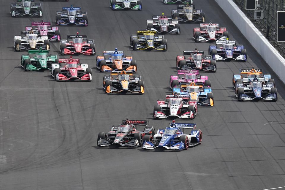 Christian Lundgaard, (45) of Denmark, leads the field for the start of the IndyCar Grand Prix auto race at Indianapolis Motor Speedway, Saturday, May 13, 2023, in Indianapolis. (AP Photo/Darron Cummings)