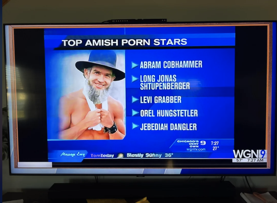TV screen showing a satirical list titled "Top Amish Porn Stars" with a fake name and photo of a man in Amish-style attire