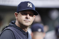 New York Yankees manager Aaron Boone is shown before the first game of a baseball doubleheader against the Houston Astros Thursday, July 21, 2022, in Houston. (AP Photo/Kevin M. Cox)