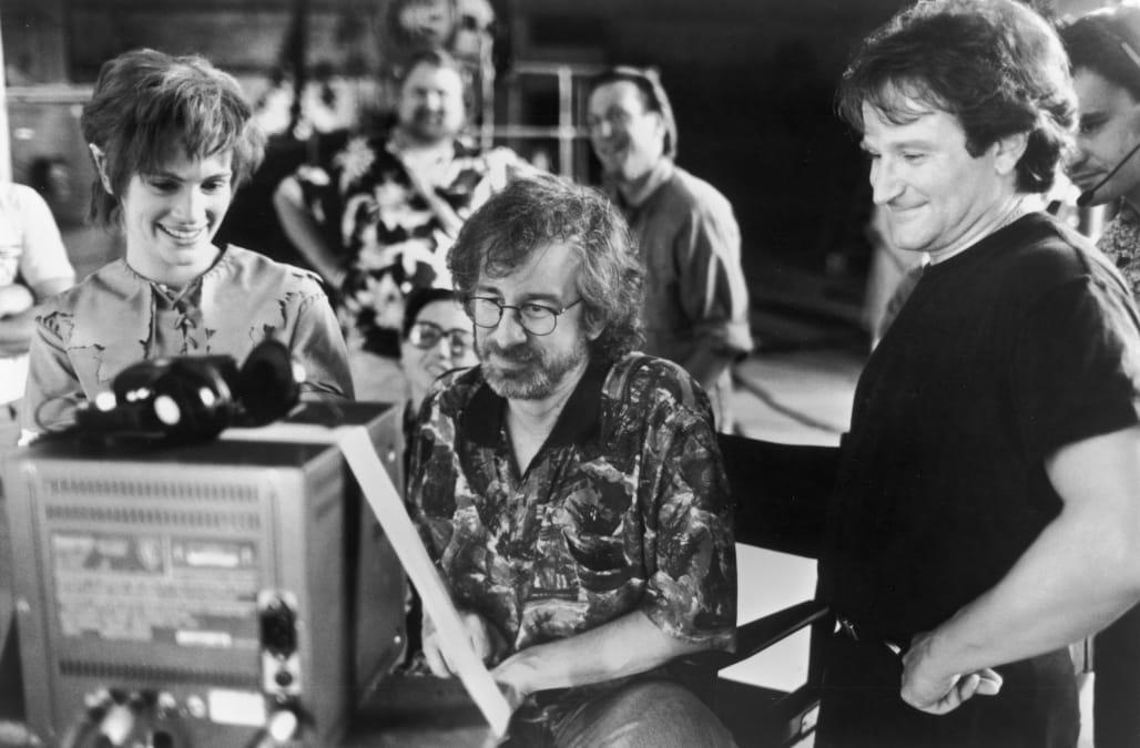 Roberts, Spielberg, Williams Watch Dailies on 'Hook' Set, 1991.