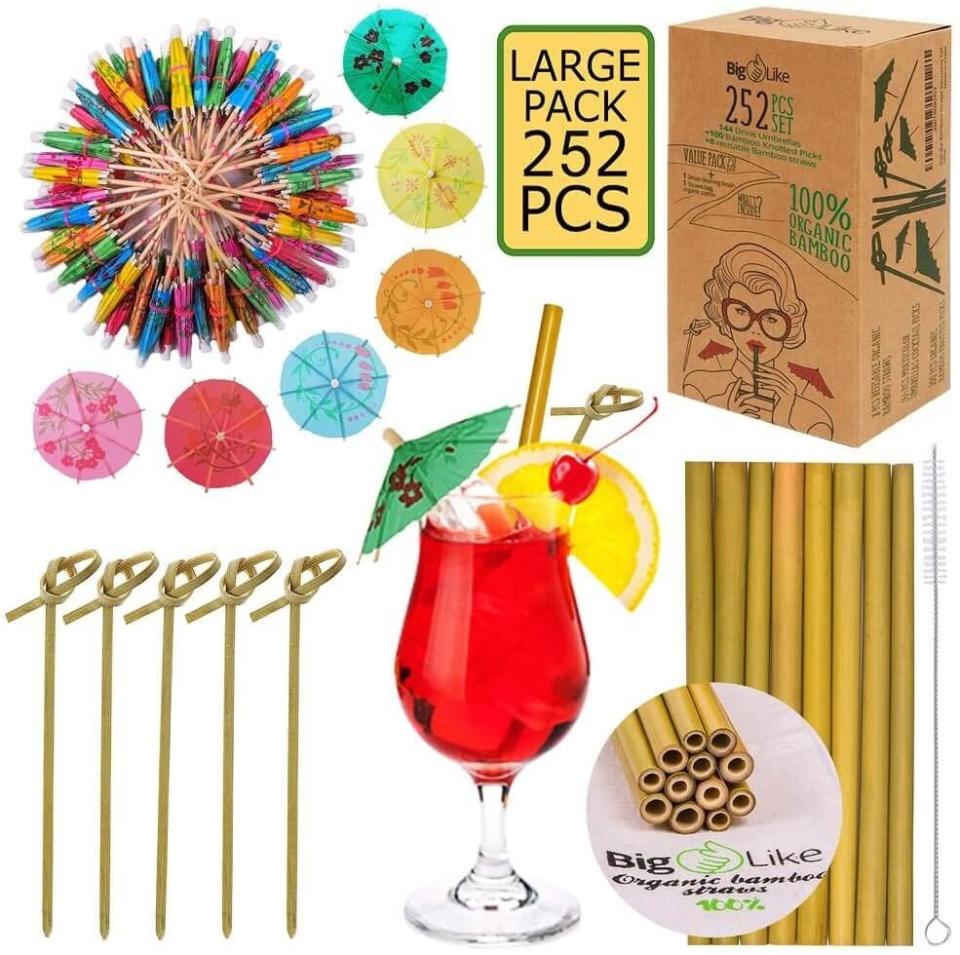 Drink Umbrellas, Bamboo Picks and Reusable Bamboo Straws, 252-Pc. Set