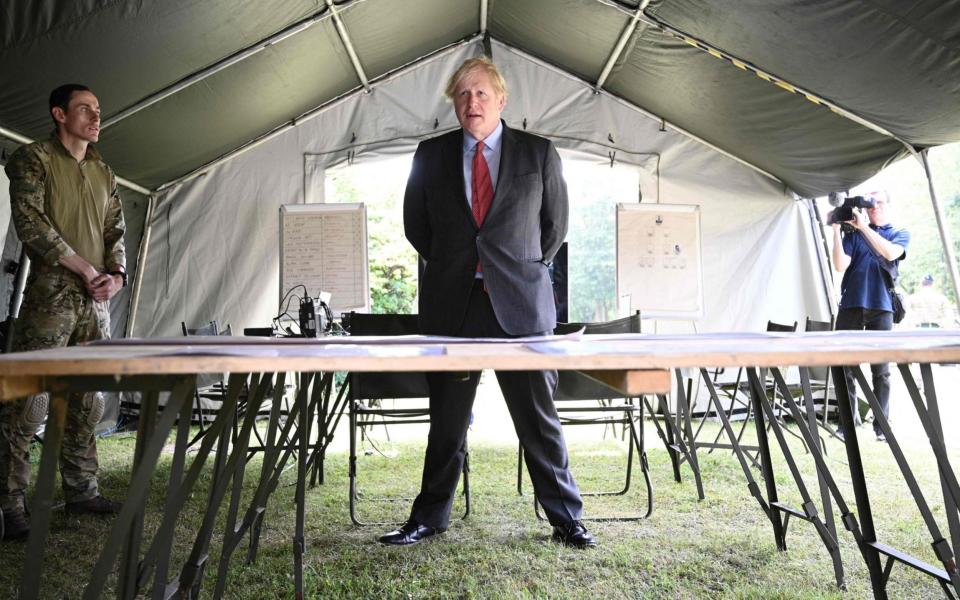 In the mess: Boris Johnson meets the troops at Aldershot Garrison - AFP