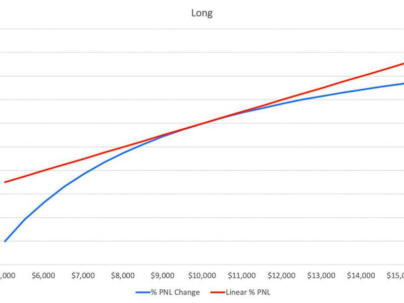 The blue line, which represents the payout for crypto margin contracts, shows that a long position holder makes less when the market rises, but loses more when the market falls.  (BitMEX)