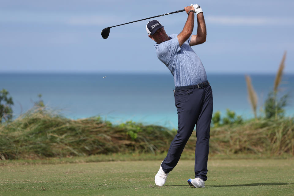 Stewart Cink of the United States plays his shot from the ninth tee during the third round of the Butterfield Bermuda Championship at Port Royal Golf Course on November 11, 2023 in Southampton, Bermuda. (Photo by Marianna Massey/Getty Images)