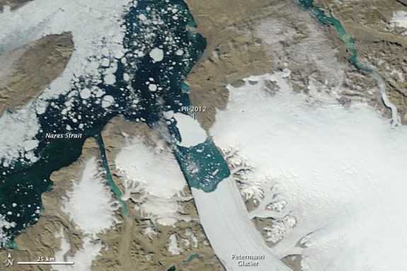 On July 31, 2012, a satellite showed the large iceberg had nearly reached the mouth of the fjord that houses Greenland's Petermann Glacier.