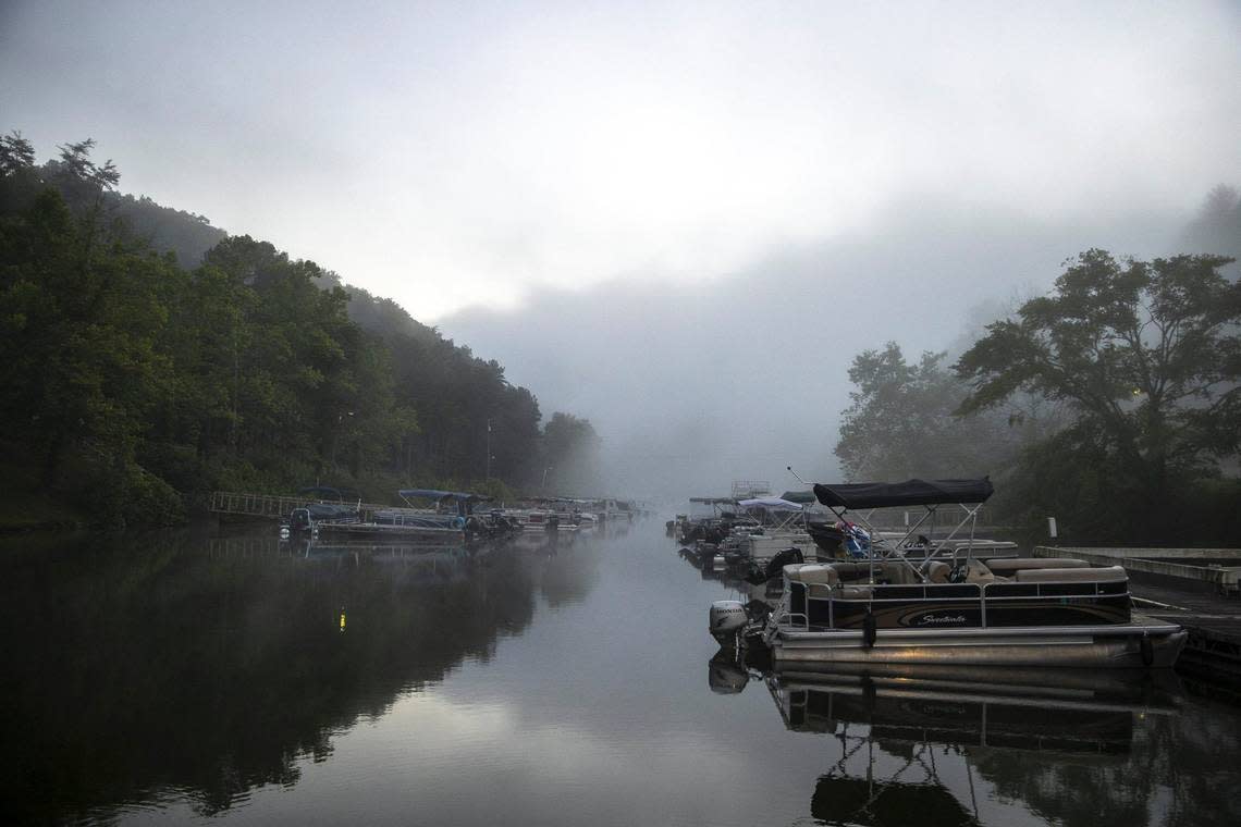 Boats are docked at the marina at Jenny Wiley State Resort Park in Prestonsburg, Ky., on Monday, June 28, 2021.
