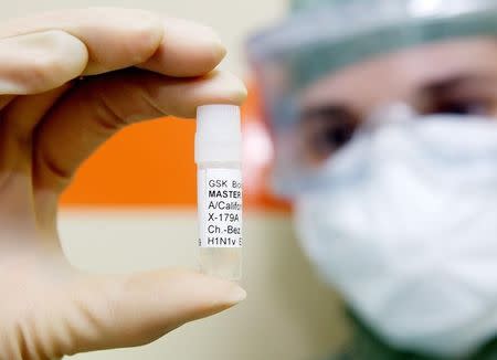 A handout file photo shows a technician holding a master H1N1 virus sample, for the pre-production of a vaccine against pandemic influenza A (H1N1) virus at a laboratory of GlaxoSmithKline in Dresden June 16, 2009. REUTERS/GlaxoSmithKline/Handout