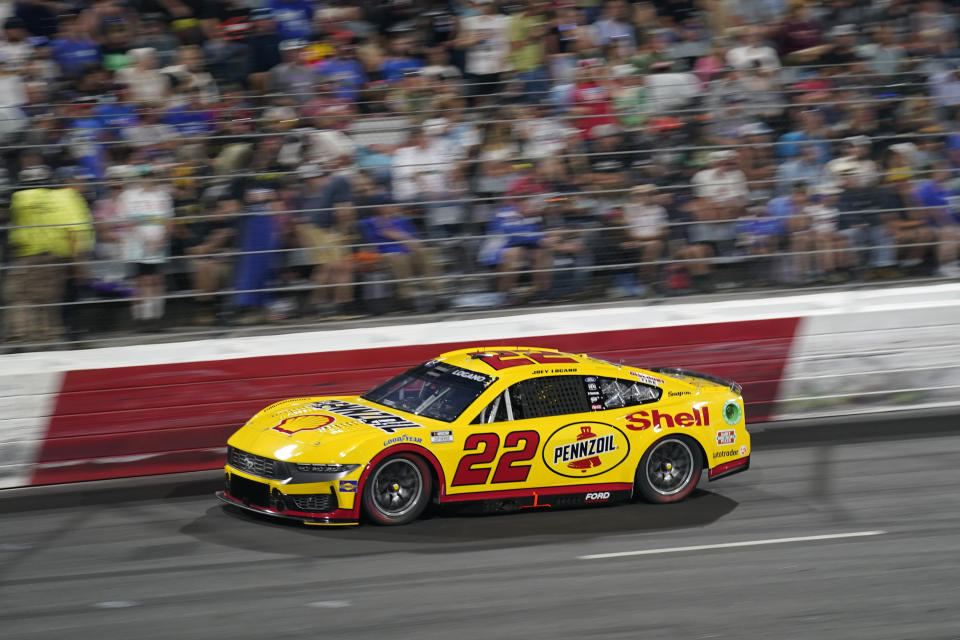 Joey Logano drives during the NASCAR All-Star auto race at North Wilkesboro Speedway in North Wilkesboro, N.C., Sunday, May 19, 2024. (AP Photo/Chuck Burton)